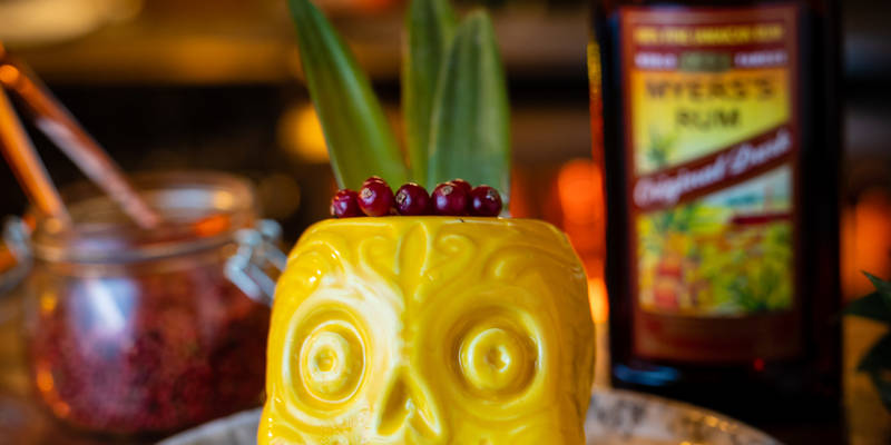 Rum cocktail served in  skull with cranberries and pineapple